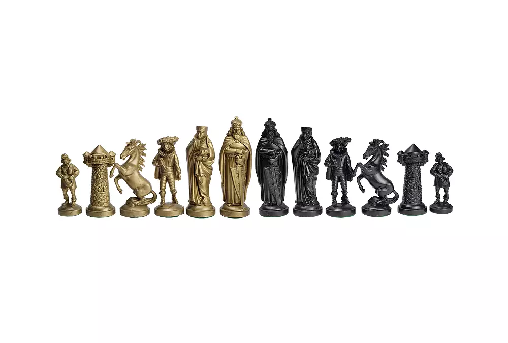 Figure medievali stilizzate di scacchi, nero e oro (re 98 mm)