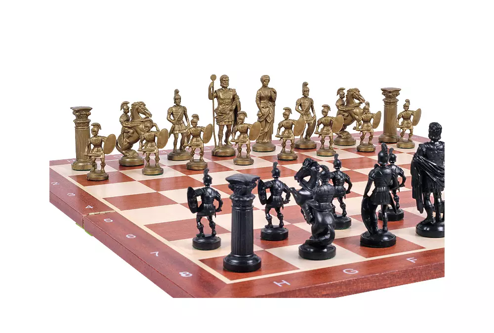 Figure di scacchi stilizzati dell'Impero Romano, nero e oro (re 98 mm)