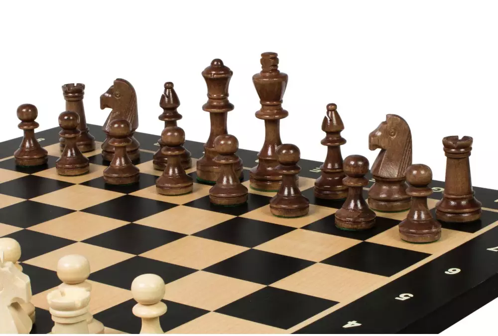 Set di scacchi da torneo n. 4 - scacchiera da 40 mm + figure Sunrise Staunton da 78 mm in baule di legno