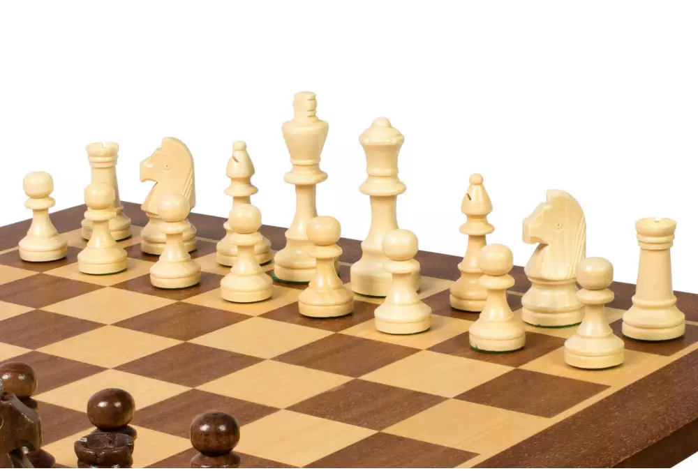 Set di scacchi da torneo n. 4 - scacchiera da 40 mm + figure Sunrise Staunton da 78 mm in baule di legno